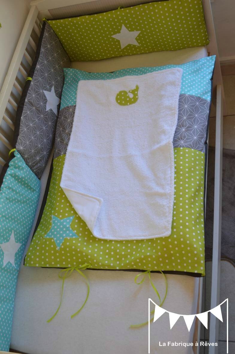 Housse matelas à langer bébé baleine anis turquoise gris blanc ...
