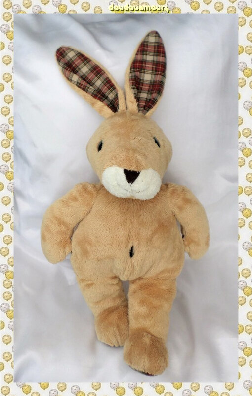 Doudou Peluche Lapin Marron Oreilles Pieds Tissu Carreaux Ajena