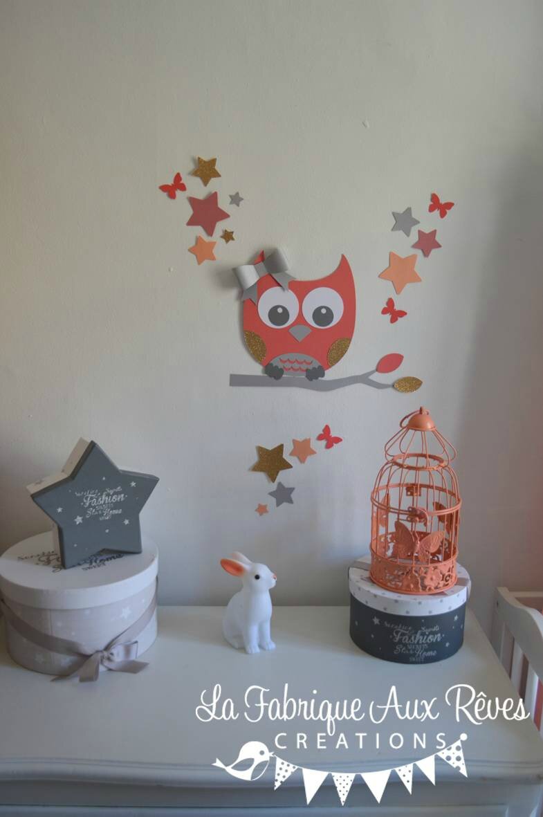 Stickers hibou chouette corail abricot pêche doré papillons ...