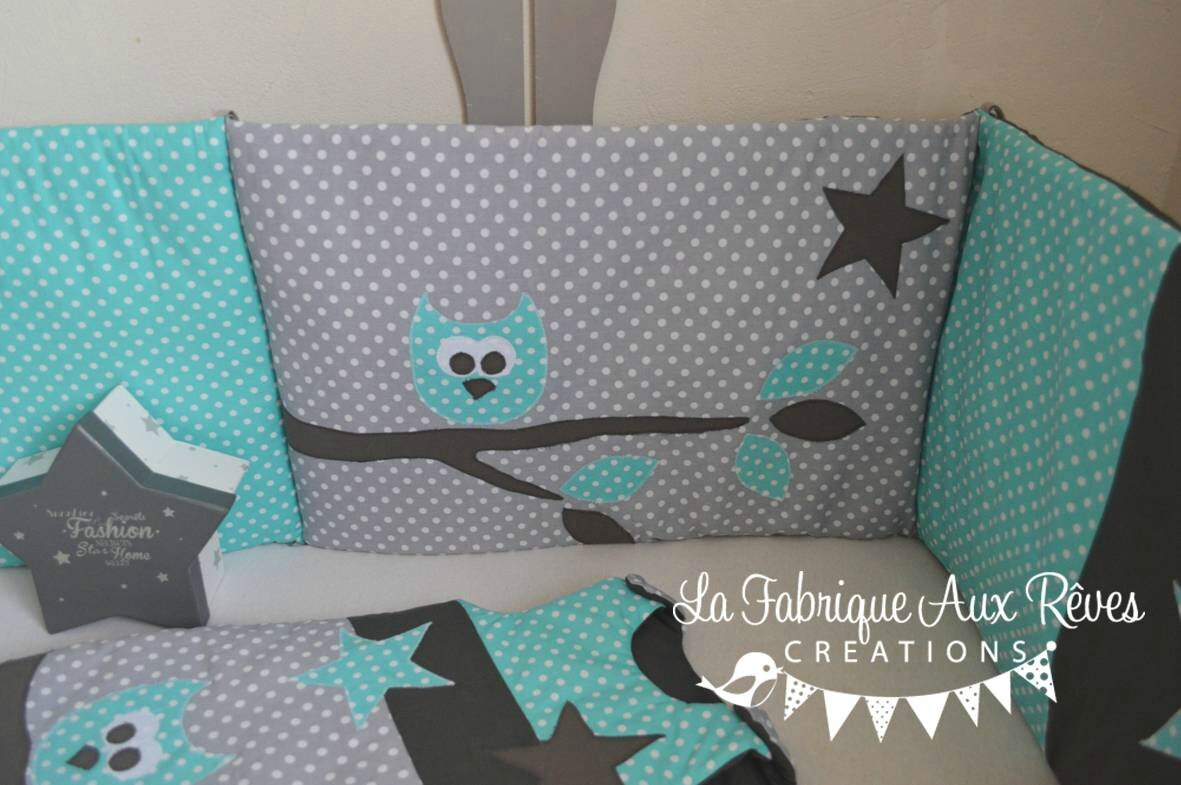 Tour lit et gigoteuse hibou étoiles turquoise caraïbe et gris ...