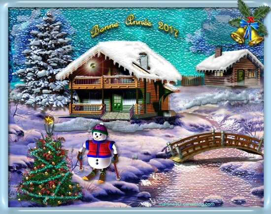 022-carte-voeux-bonne-annee-2017-bonhomme-neige-maison-bois-sapin-noel
