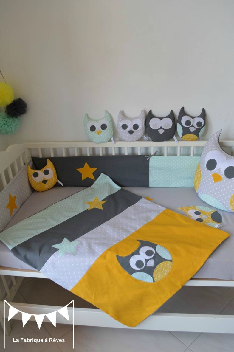 Couverture hibou chouette étoiles jaune gris vert amande vert eau ...