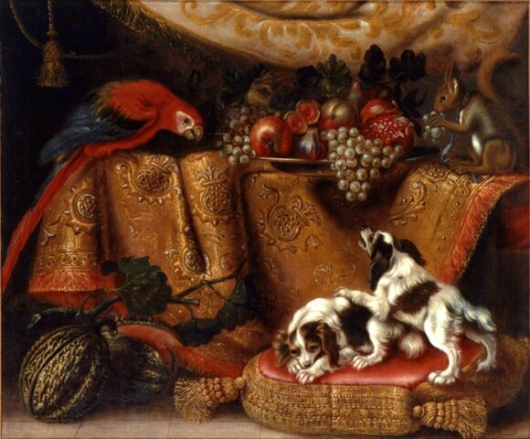 Ecureil Reynaud Levieux, Nature morte de fruits sur une table avec un écureuil