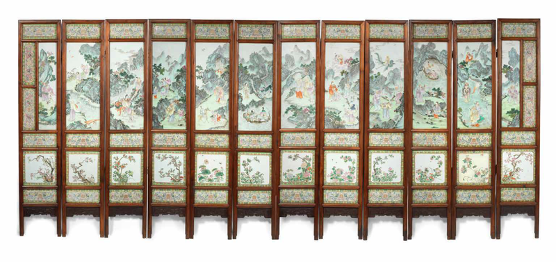 A superbly enamelled Imperial famille rose twelve-leaf screen, Jiaqing (1796-1820)