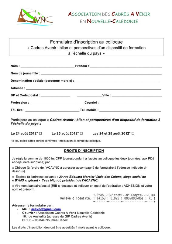 Formulaire d'inscription au colloque - Association Cadres A Venir