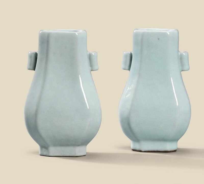 A fine pair of guan-type glazed octagonal vases, Qianlong six-character seal marks in underglaze blue and of the period (1736-1795)