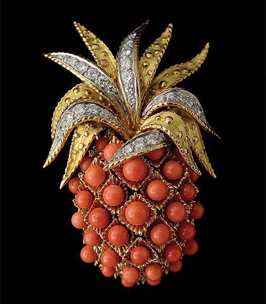 Cartier coral, diamond, 18k yellow gold pineapple brooch Alain.R.Truong