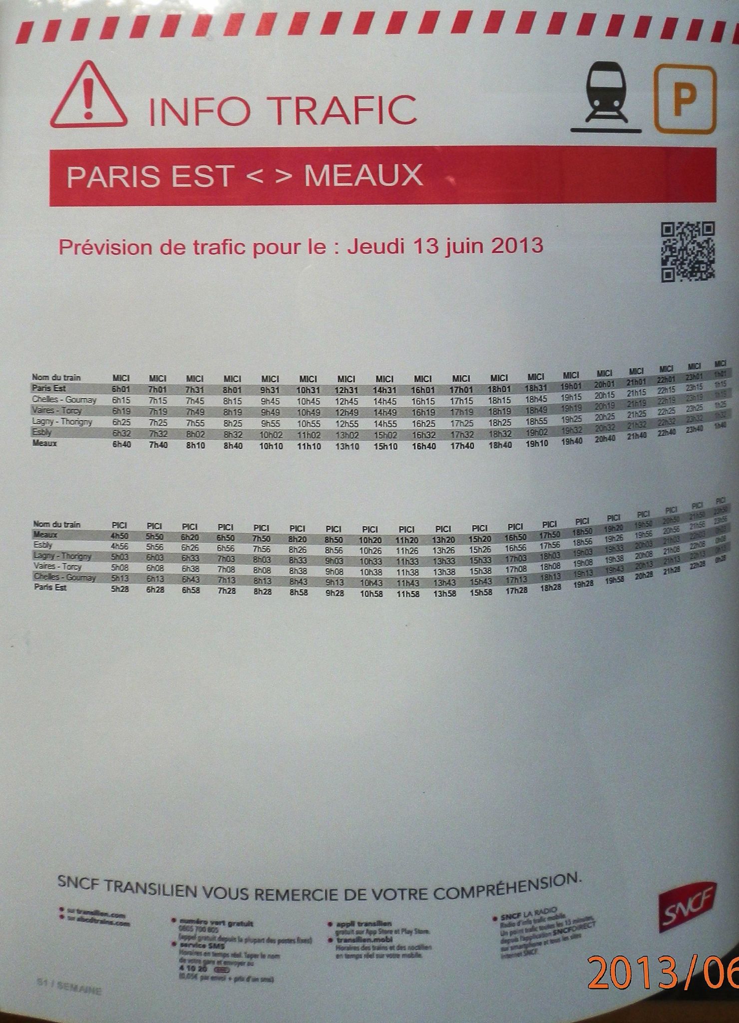Horaire Train Meaux Gare De L Est Prévisions trafic SNCF ligne P Paris-Est/Meaux/Château-Thierry/La  Ferté-Milon pour la journée du 13 juin 2013 - Le Blog de Daniel HUE le  Crouycien