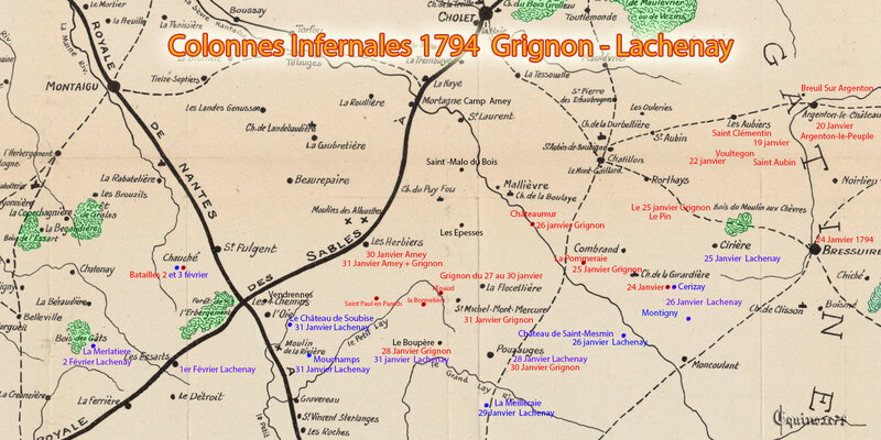 Carte Guerre de Vendée 1794 Colonnes infernales de Grignon Lachenay