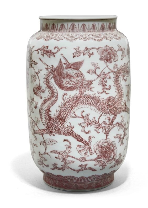 A copper-red 'Dragon and Phoenix' lantern vase, Qianlong seal mark