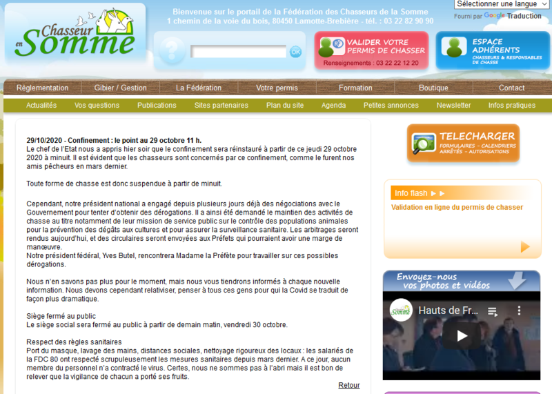 Screenshot_2020-10-29 Confinement le point au 29 octobre 11 h - actualites - Fédération des Chasseurs de la Somme