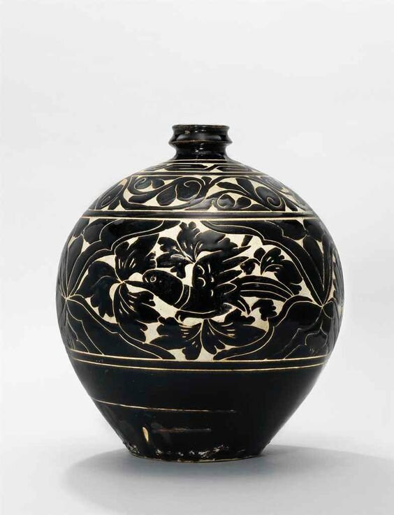 A finely carved black-glazed 'Bird and Flower' vase, Yuan dynasty (1279-1368)
