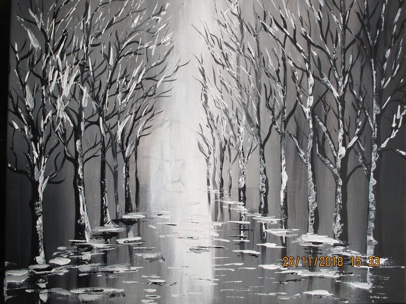 Arbres en noir  et  blanc  sous la neige  l acrylique Domi 