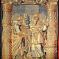 Manufacture de bruxelles. belle tapisserie figurant deux hommes enturbannés, dans une perspective paysagée. xviie siècle