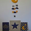 décoration chambre bébé lune étoiles nuages jaune bleu marine taupe blanc 4