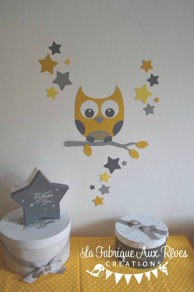 stickers décoration chambre enfant bébé branche hibou étoiles jaune gris clair gris foncé