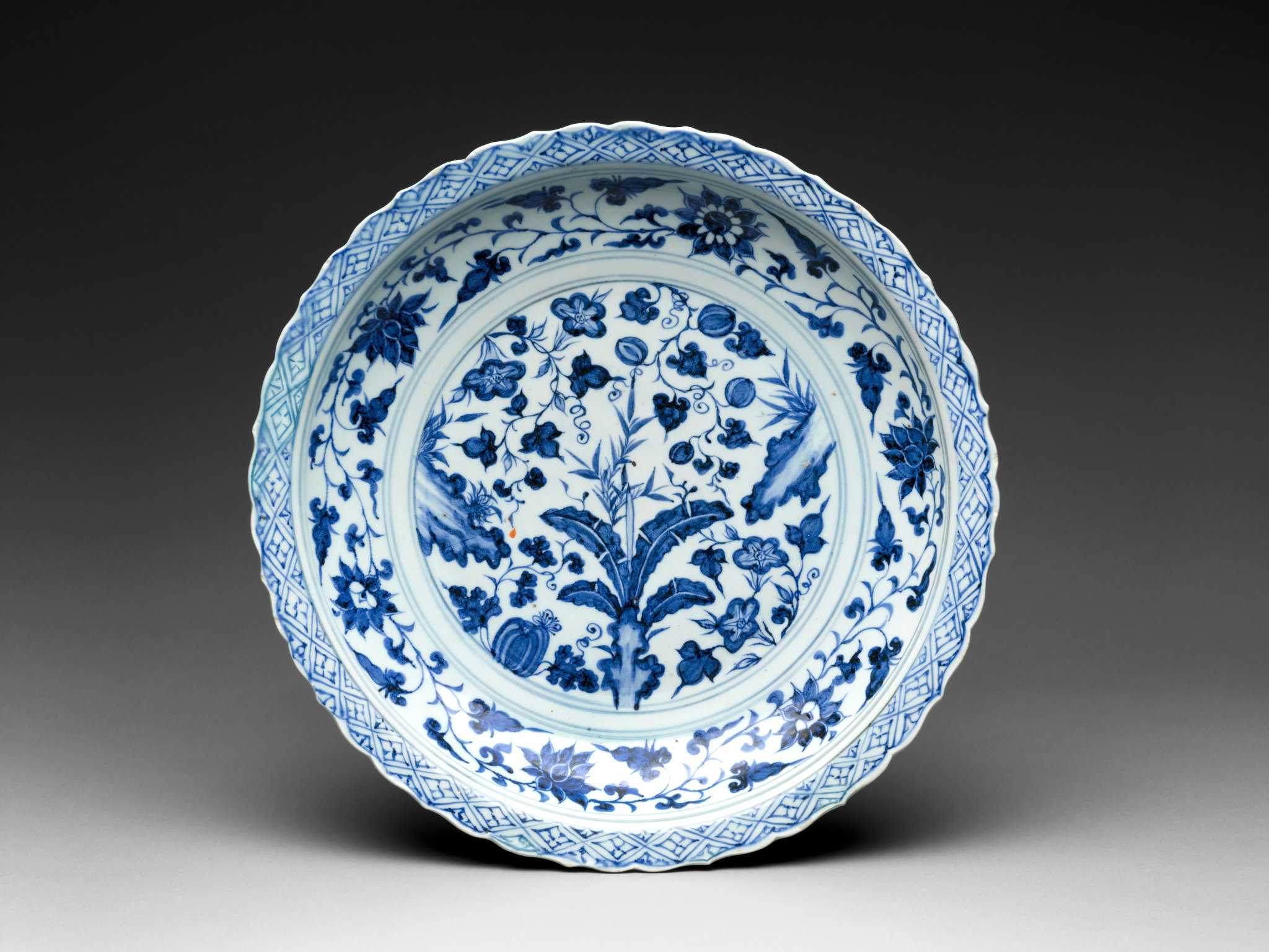 Foliated plate with rocks, plants, and melons, Yuan dynasty (1271–1368), 14th century