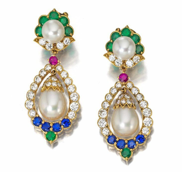 A pair of diamond, emerald, sapphire, ruby and cultured pearl ear