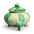 A green-splashed tripod censer and cover, Tang-Five Dynasties