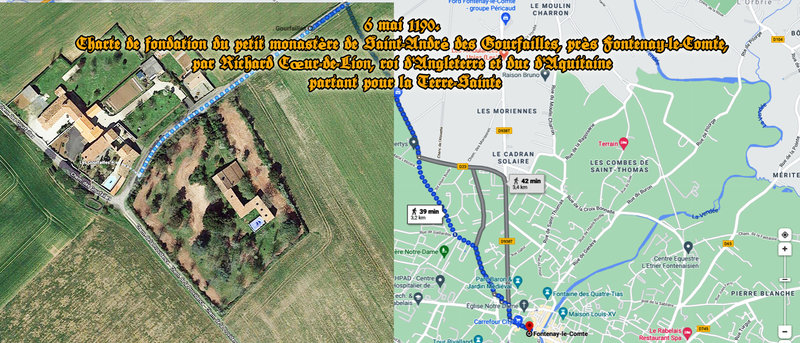 6 mai 1190 Charte de fondation du petit monastère de Saint-André des Gourfailles, près Fontenay-le-Comte, par Richard Cœur-de-Lion, roi d'Angleterre et duc d'Aquitaine partant pour la Terre-Sainte