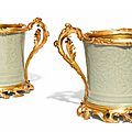 A pair of gilt-bronze mounted celadon porcelain cachepots, louis xv, circa 1745-1749