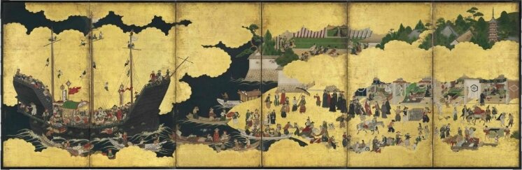 An important Nanban six-fold screen depicting the arrival of a Portuguese ship for trade, Edo period, 17th century