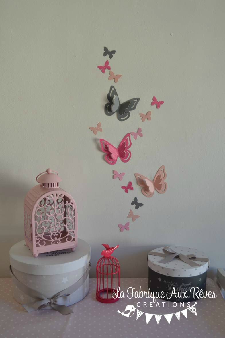 stickers papillons 3D rose vif gris rose poudré - décoration chambre bébé rose vif gris rose poudré
