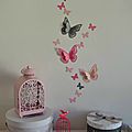stickers papillons 3D rose vif gris rose poudré - décoration chambre bébé rose vif gris rose poudré