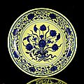 An imperial yellow-ground blue and whit, lotus bouquet dish, china, underglaze blue six-character mark and period of yongzheng