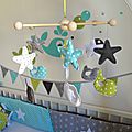 mobile éveil bébé baleine anis turquoise gris blanc étoiles décoration chambre bébé enfant 2