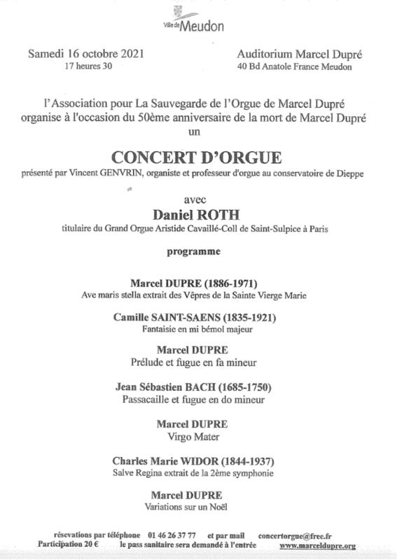 Concert d'Orgue à l'occasion des 50 ans de l'association pour la sauvegarde de l'orgue de Marcel Dupré