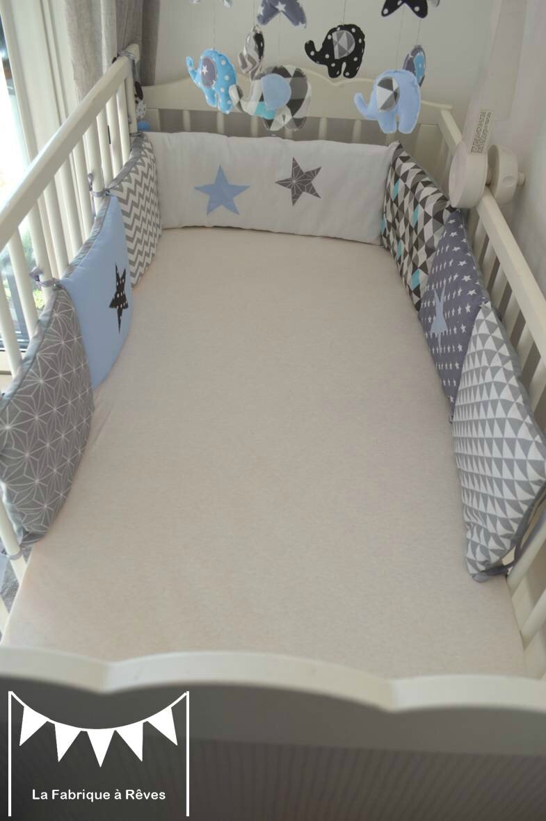 tour de lit enfant bébé bleu gris noir éléphant décoration chambre