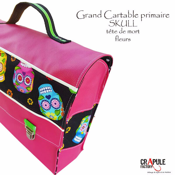 cartable primaire CP tète de mort skull original artisanal rose et fleurs made in France www.crapule-factory