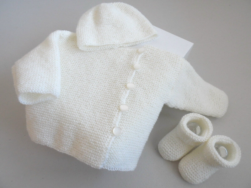 Tricot Bebe Trousseau Ecru Mousse Mixte Cadeau De Naissance Fait Main Tricot Bebe Layette