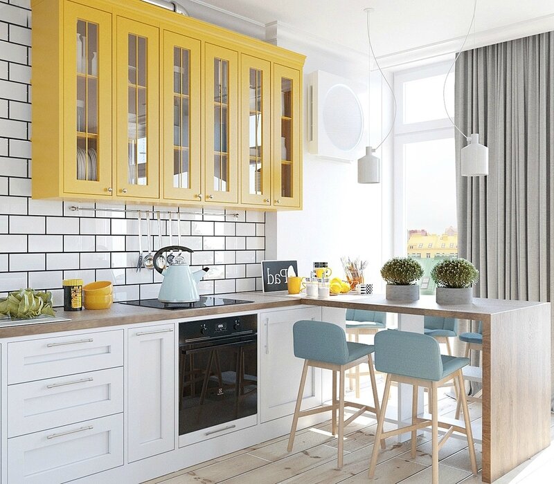 Pastel-kitchen-bright-mustard-cabinetry-baby-blue-kitchen-stools-light-wood