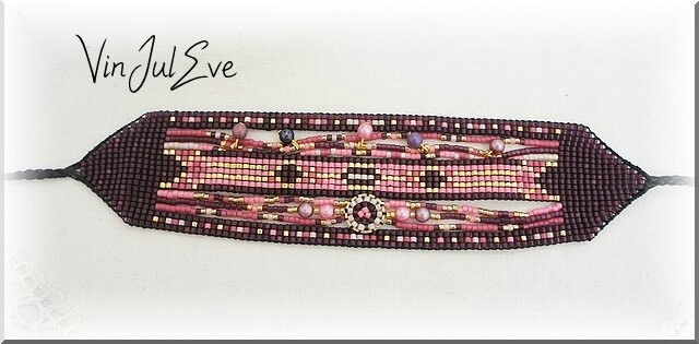 bracelet loom muliti bandes violet rose or 1
