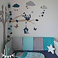 Décoration et linge de lit bébé turquoise gris et pétrole hibou chouette et étoiles