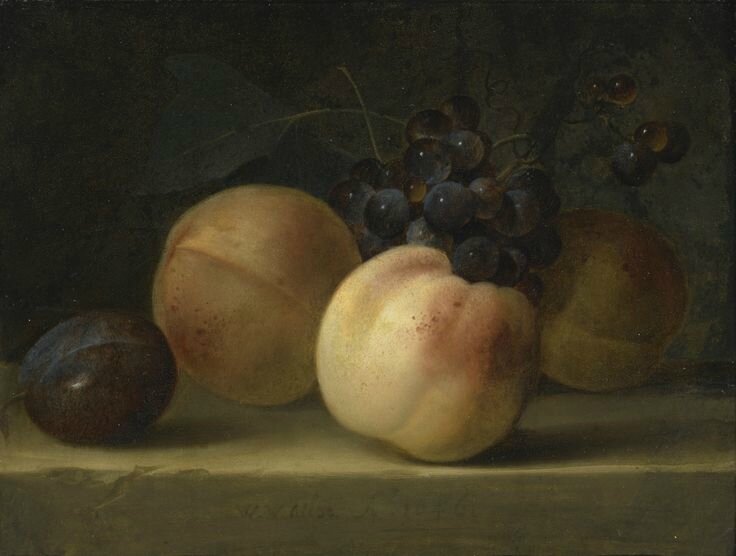 Willem van Aelst (Delft 1627 - In or after 1683 Amsterdam(), Peaches, a Plum, and Grapes on a Ledge