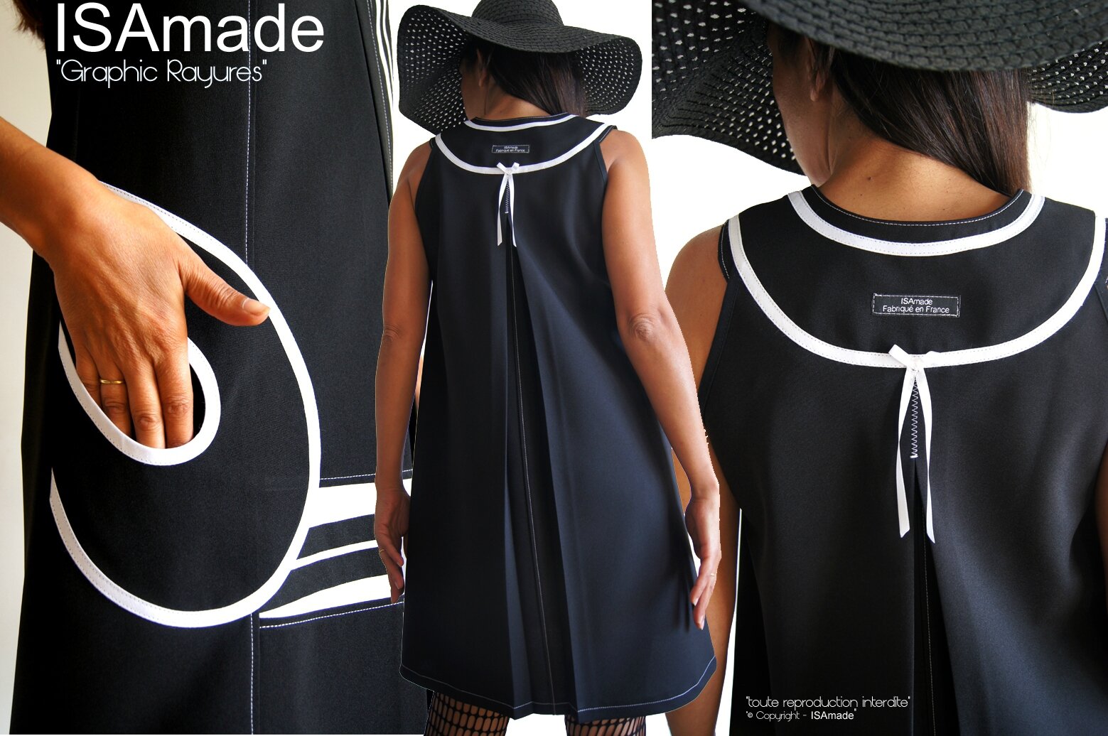 MOD 446B Robe trapèze Noire Chasuble d'esprit Couture Chic Noire Blanche