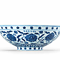 A very rare imperial blue and white 'peony scroll' bowl, xuande six-character mark in a line and of the period (1426-1435)
