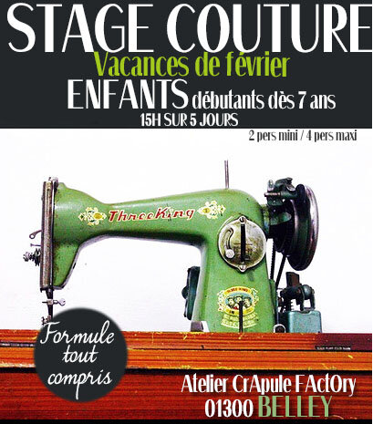Stage cours de couture vacances pour enfants dès 7 ans atelier crapule factory 01300 BELLEY avec Stéphanie ERLICH-MAUJEAN artisan d'art Ain Bugey sud Rhône Alpes