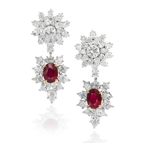 An important pair of ruby and diamond pendent earrings