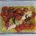 Cabillaud au vin blanc, tomates et basilic
