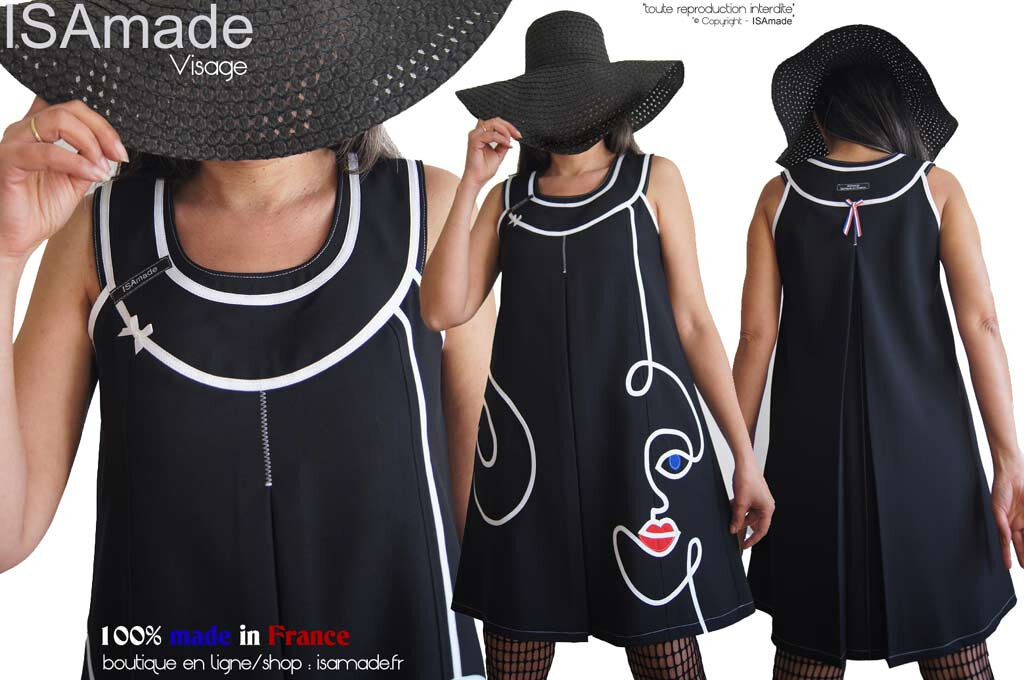 MOD639A-robe-trapeze-noire-blanche-visage-made-in-France-isamade-graphique
