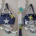 DISPO - grand sac à langer bébé fashion moderne nombreux rangements poches thème étoiles pois bleu marine blanc argent 4