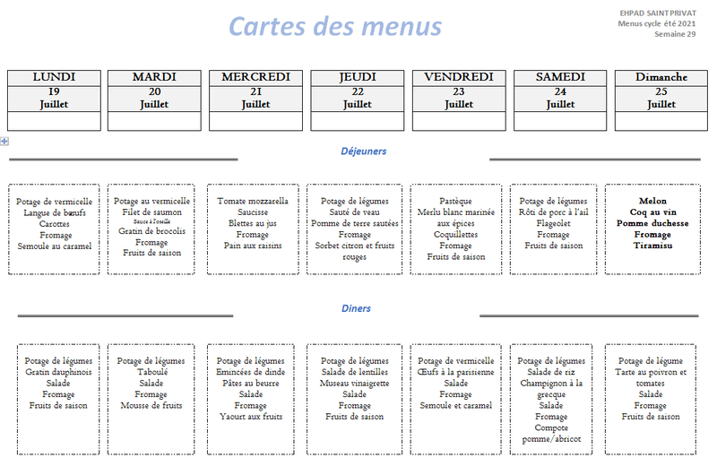 Menu semaine 29