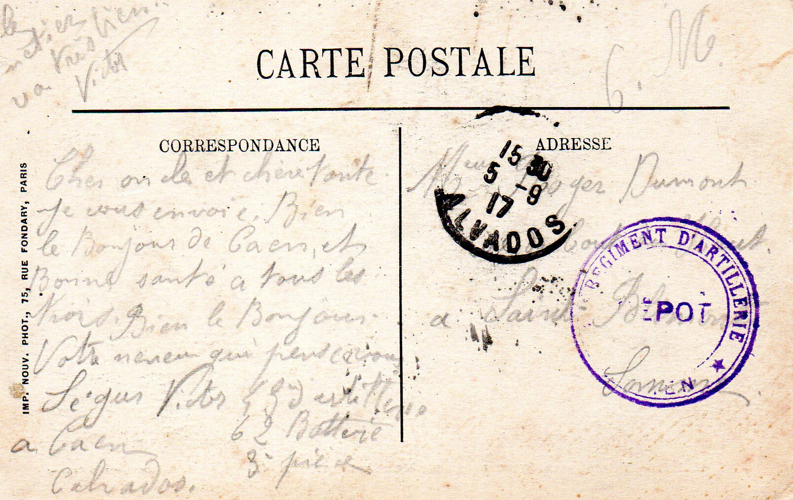 10 Caen, correspondance,1917, Victor Segur, canonnier au 43e RAC, 62e batterie, 3e pièce, adressée à sa famille depuis le dépôt du 43e RAC à Caen (oblitération du 05 septembre 1917)