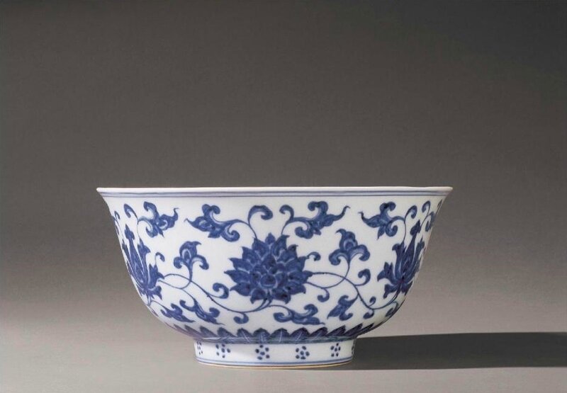 A rare blue and white 'Lotus' bowl , Xuande mark and period (1426-1435)