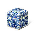 A blue and white square ‘dragon’ box and cover, wanli six-character mark and of the period (1573-1619)