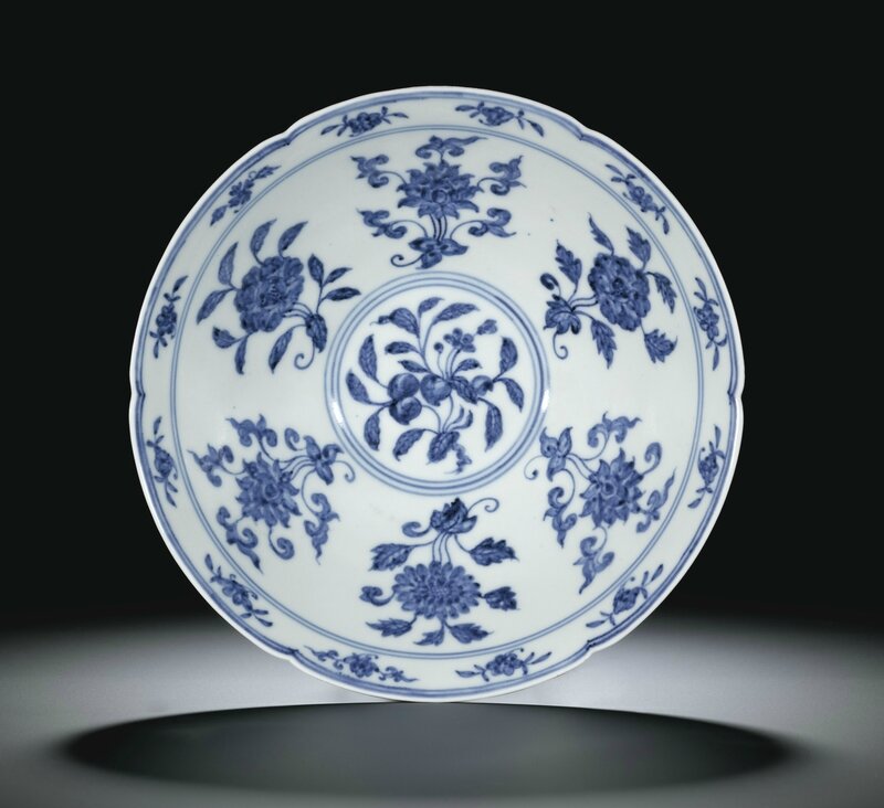 A fine blue and white 'Fruit and Flower' lobed bowl, Mark and period of Xuande